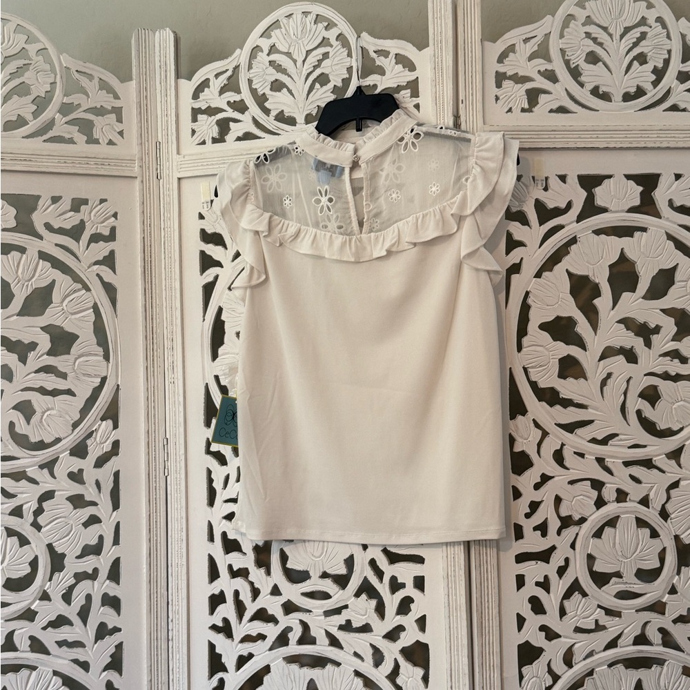 CeCe Cream Ruffled Buttoned Blouse with Mandarin Collar L